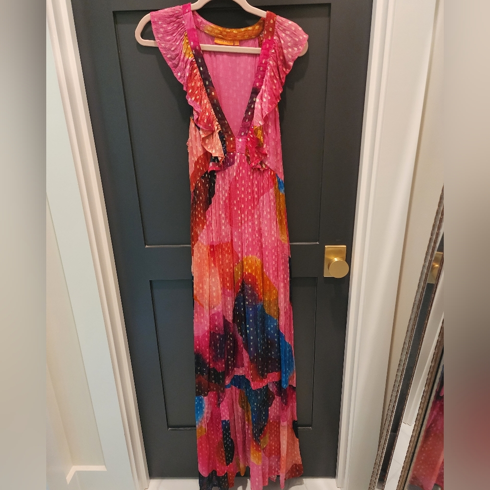 Oliphant Pink Multicolor Ruffled V-Neck Maxi Dress